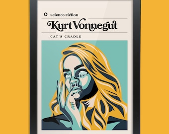 Puede incluir: Un póster con una ilustración azul y amarilla de una mujer con lágrimas corriendo por su rostro. El póster tiene el texto "ciencia ficción" y "Kurt Vonnegut" en texto negro. El texto "CAT'S CRADLE" está en texto blanco.