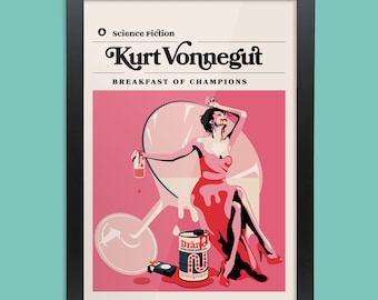 Puede incluir: Una ilustración rosa y roja de una mujer sentada en una copa de martini con una lata de Drano. El texto "Science Fiction" y "Kurt Vonnegut" están en la parte superior de la imagen. El texto "Breakfast of Champions" está debajo del nombre del autor.