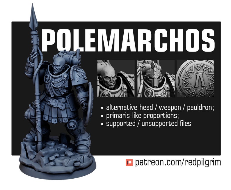 Op de afbeelding: Een grijs 3D-geprint miniatuur van een Space Marine-krijger die een speer en schild vasthoudt. Het miniatuur is in een dynamische houding geposeerd en heeft ingewikkelde details. De tekst "POLEMARCHOS" wordt boven het miniatuur weergegeven.