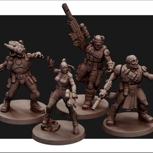 May include: A group of five brown-colored miniature figurines of futuristic soldiers, each posed on a circular base. The soldiers are armed with various weapons and wear detailed armor, helmets, and tactical gear. The overall theme is science fiction.