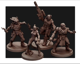 Może przedstawiać: Grupa pięciu brązowych figurek miniaturowych futurystycznych żołnierzy, każdy na okrągłej podstawie. Żołnierze są uzbrojeni w różne rodzaje broni i noszą szczegółowe zbroje, hełmy i sprzęt taktyczny. Ogólny motyw to science fiction.