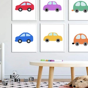 May include: Six framed prints of colourful cartoon cars on a white wall. The cars are red, purple, green, blue, yellow and orange.