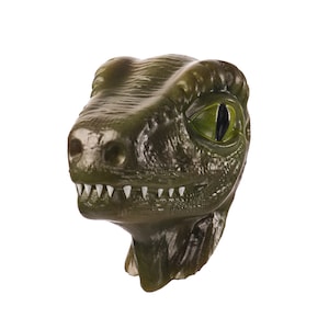 May include: Green plastic dinosaur head with a toothy grin and one visible eye. The eye is green with a black pupil.