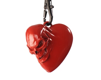 3D Printed Retro Skull Heart Keychain - Hand Painted in Red, Pink, or Silver