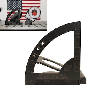 May include: A black carbon steel elbow angle finder tool labeled HexPro 3D and AngleMate Pro. The device features a curved scale with degree markings from 0 to 90, a hinged base, and a central cutout. The text 2 inch is printed on the side.