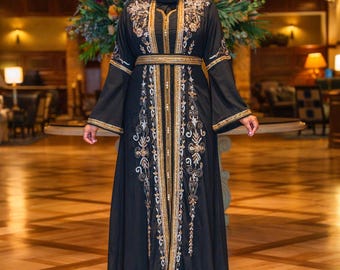 Abaya Donna In Stile Arabo - Abito Lungo Modesto, Con Ricami Metallici, Per Preghiera, Eid, Occasioni Speciali