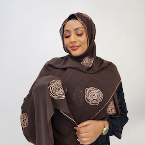 Elegant EG Rose Designed Rhinestone Chiffon Hijab: Perfect for Weddings & Everyday Style