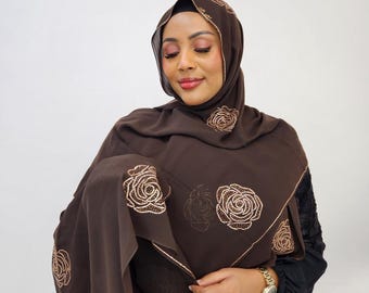 Elegant EG Rose Designed Rhinestone Chiffon Hijab: Perfect for Weddings & Everyday Style