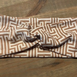 Tan and White Geometric Pattern, Soft Twist Turban Headband, Twist Headband, Headbands for Women, Women's Headbands, Yoga Headband