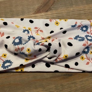 Blue & Yellow Flowers with Black Dots, Soft Twist Turban Headband, Twist Headband, Headbands for Women, Women's Headbands, Yoga Headband
