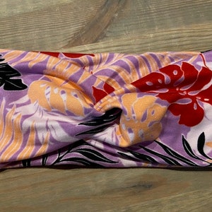 Red, Coral and Black Leaves on Purple, Soft Twist Turban Headband, Twist Headband, Headbands for Women, Women's Headbands, Yoga Headband
