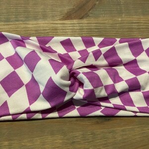 Purple and White Checkers, Soft Twist Turban Headband, Twist Headband, Headbands for Women, Women's Headbands, Yoga Headband