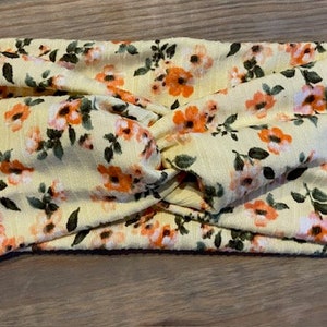 Light Yellow with Orange Flowers, Soft Twist Turban Headband, Twist Headband, Headbands for Women, Women's Headbands, Yoga Headband