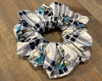 Blue Plaid with Blue Flowers, XL Scrunchie, Oversize Scrunchie, Hair Ties, XL, Large, Hair Accessories, Big Oversized Scrunchie, Hair