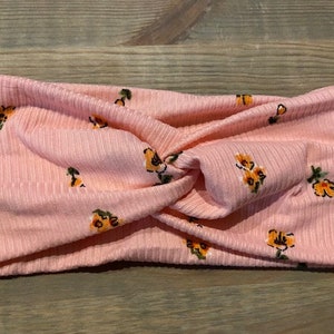 Pink with Small Orange Flowers, Soft Twist Turban Headband, Twist Headband, Headbands for Women, Women's Headbands, Yoga Headband