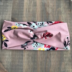 Boho Pink with Colorful Flowers, Soft Twist Turban Headband, Twist Headband, Headbands for Women, Women's Headbands, Yoga Headband