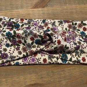 Delicate Multicolored Flowers on White, Soft Twist Turban Headband, Twist Headband, Headbands for Women, Women's Headbands, Yoga Headband