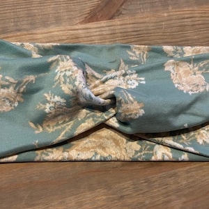 Mint Green with Vintage Cream Floral, Soft Twist Turban Headband, Twist Headband, Headbands for Women, Women's Headbands, Yoga Headband