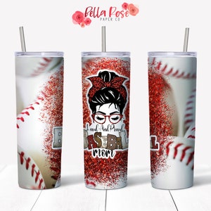 Baseball Mom Messy Bun 20oz Skinny Tumbler Wrap Design digitale per sublimazione, Tumbler PNG, Sublimazione per uso commerciale, Sports Mom Tumbler