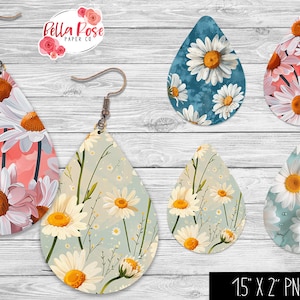 Boucles d'oreilles florales en forme de larme PNG, sublimation, pour Cricut, été PNG, boucle d'oreille PNG, sublimation de fleurs de marguerite, ensemble de 4 boucles d'oreilles