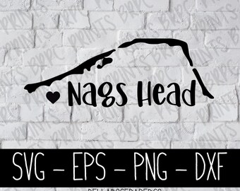 May include: Black and white silhouette of the Outer Banks, North Carolina, with the text "Nags Head" and a small heart.