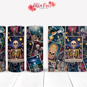 Coffeeholic Tarot Card 20oz Skinny Tumbler Wrap Design digital para sublimação, copo PNG, uso comercial, sublimação, copo de bruxa