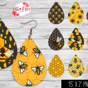 May include: Eight pairs of 1.5 inch by 2 inch digital printable bee-themed earrings. The earrings feature a variety of designs including bees, honeycombs, and sunflowers. The designs are in shades of yellow, black, and white.