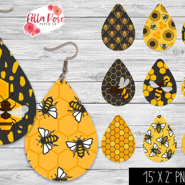 Honey Bee, Teardrop Earrings PNG, Sublimation, for Cricut, Bumble Bees PNG, Earring PNG, Cute Spring Honey Bee  Earrings Set of 9