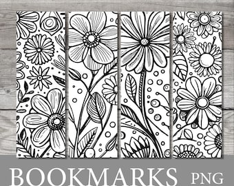 Zestaw 4 zakładek do książek dla dzieci Doodle Flowers do druku w formacie PNG, sublimacja (DO POBRANIA CYFROWEGO)