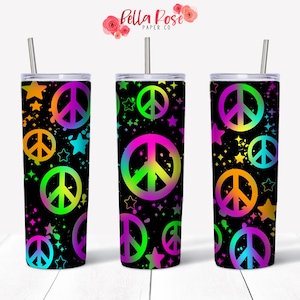 Neon Peace Sign 70s Psicodélico 20oz Skinny Tumbler Diseño digital para sublimación, Vaso PNG, Uso comercial, Sublimación, Paz PNG