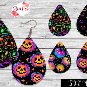 Kolczyki Neon Halloween PNG, Sublimacja, dla Cricut, Kryształy, Upiorny sezon png, Kolczyki PNG, Upiorny Halloween, Zestaw 4 kolczyków