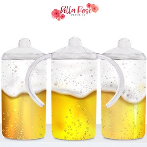May include: Three clear plastic sippy cups with a handle. Each cup has a graphic of a beer mug with a yellow liquid and white foam.