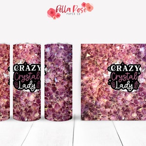 Crazy Crystal Lady 20oz Skinny Tumbler Wrap Cyfrowy projekt do sublimacji, Tumbler PNG, Zastosowanie komercyjne, Sublimacja, Witchy Crystal Tumbler