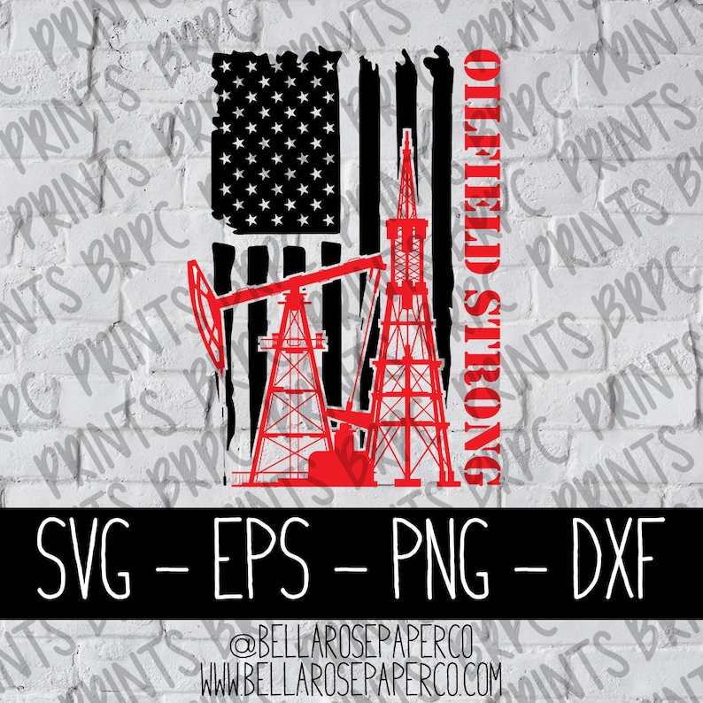 May include: A red, white, and blue American flag with a distressed look.  The flag is behind a red silhouette of two oil derricks.  The text "Oilfield Strong" is to the right of the derricks.