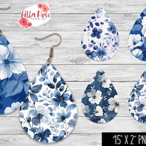 Boucles d'oreilles florales bleues en forme de larme PNG, sublimation, pour Cricut, été PNG, boucle d'oreille PNG, sublimation de fleur de marguerite, ensemble de 4 boucles d'oreilles