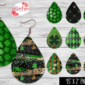 May include: A collection of St. Patrick's Day themed teardrop earrings. Designs include green shamrocks, argyle, and gold accents. The earrings are 1.5 inches by 2 inches.