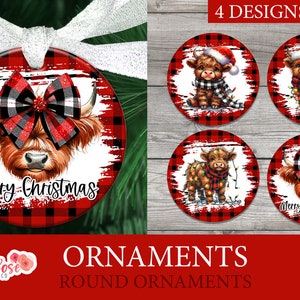 Christmas Cows Set of 4 ROUND Ornaments PNG, Sublimation, for Cricut, Christmas PNG, Round Ornament, Plaid Cow Ornament Sublimation