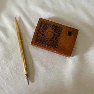 Vintage Wooden pen holder with Ship carved into base