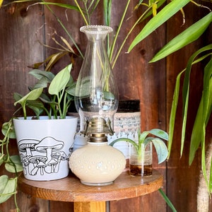 以下が含まれることがあります： 透明なガラスの煙突と真鍮の注ぎ口が付いた白いセラミック製のオイルランプ。ランプは、鉢植えの植物と植物が入ったガラス瓶のある木製のテーブルの上に置かれています。