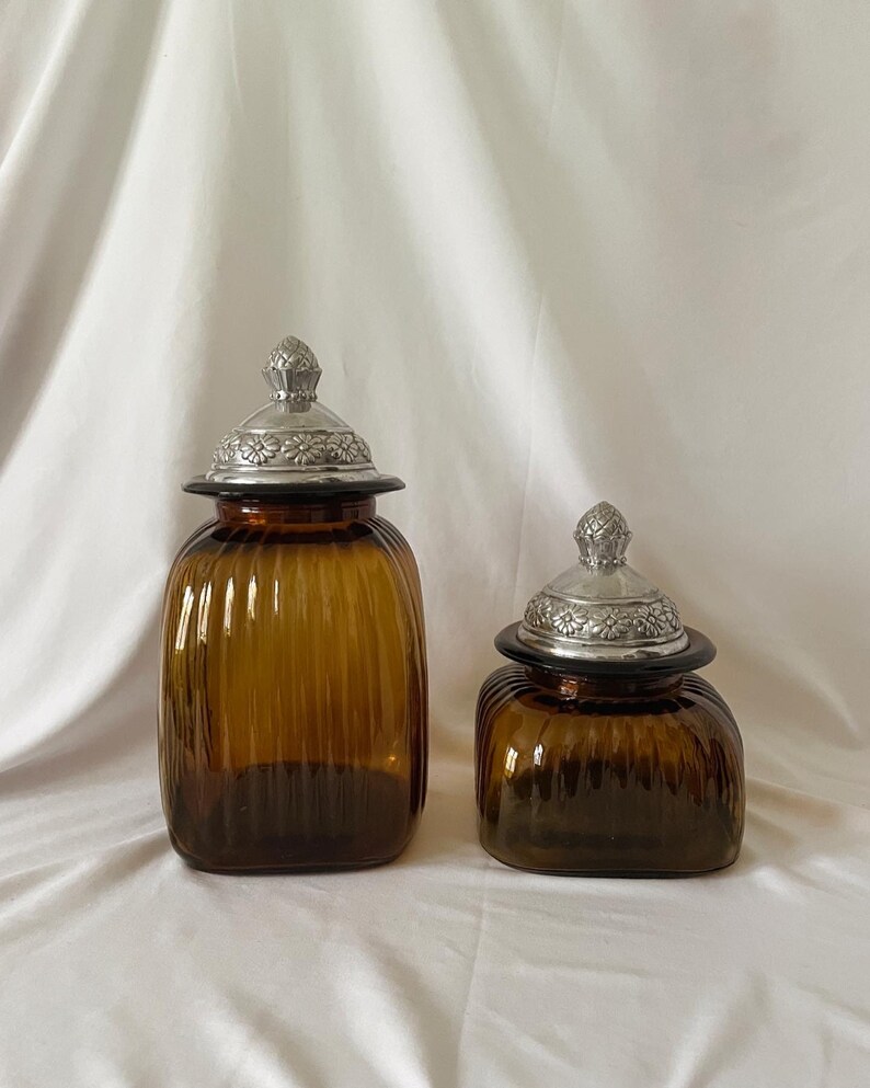 Vintage Amber Glass Canister Set With Pewter Sealed Lids Etsy