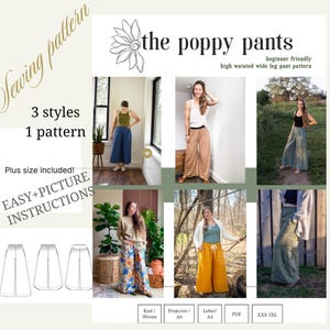 Patrón de costura para pantalones anchos en PDF / Pantalones fáciles de mujer / Formato carta de proyección / Descarga digital / Ajuste moderno y cómodo, elástico en tallas grandes