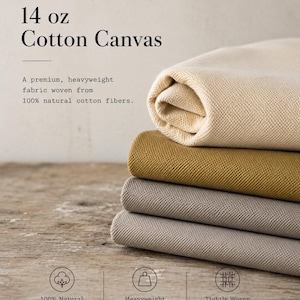 May include: A stack of 14 oz cotton canvas fabric in cream, mustard yellow, and light grey. The text reads: ISEEFABRIC, 14 oz Cotton Canvas, A premium, heavyweight fabric woven from 100% natural cotton fibres, 100% Natural Cotton, Heavyweight & Durable, Tightly Woven for Strength.