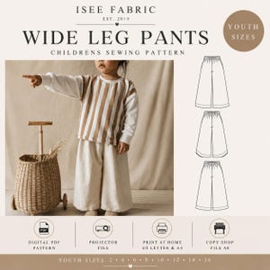 May include: A digital sewing pattern for youth wide leg pants by ISEE FABRIC. The image displays a child wearing a brown and white striped long-sleeve shirt and solid cream wide leg pants, alongside technical line drawings of the pants design.