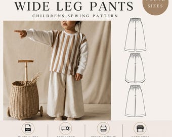 Könnte beinhalten: Ein digitales Schnittmuster für eine weite Hose für Jugendliche von ISEE FABRIC. Das Bild zeigt ein Kind in einem braun-weiß gestreiften Langarmshirt und einer cremefarbenen weiten Hose, ergänzt durch technische Skizzen des Hosendesigns.