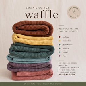 Tecido de malha térmica de algodão orgânico tipo waffle, macio, respirável e ecológico, ideal para costura de roupas, vestuário infantil, roupas de dormir e muito mais. Tecido moderno para costura.