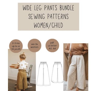 May include: Wide leg pants sewing pattern bundle for women and children. The pattern includes sizes from 0-3 months up to size 16 youth and XXS-3X women. The pattern is available in PDF format and includes US letter, A0, and A4 sizes.