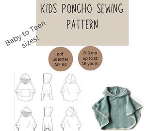 Patrón de poncho con capucha, abrigo para bebé y niño, capa de toalla con capucha, patrón de costura, tabla de tallas, tutorial de costura imprimible, guía de patrones DIY, PDF digital