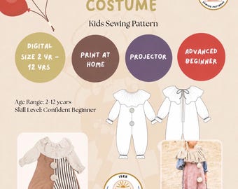 Vintage Clown Costume Sewing Pattern for Kids Sizes 2 -12 Years Digital PDF Pattern and Projector File for Circus Halloween Dress Up Clothes