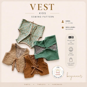 May include: Image of kids' vests in different fabrics and colours, including green and brown. The image includes text that reads "VEST KIDS SEWING PATTERN" and "BEGINNER". The vests are designed for sizes 2-12 years.
