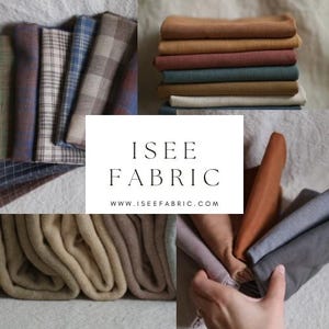 May include: Assortment of fabric swatches in various colors and patterns, including plaid, solid, and textured fabrics. The fabrics are folded and stacked on a white surface. The text "iSEE FABRIC" and the website address "www.iseefabric.com" are displayed on a white rectangle.